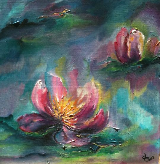 Lotus <br/>Huile sur Bois 30 x 30 